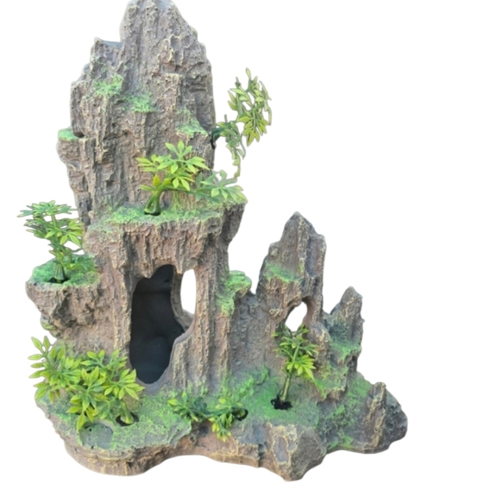 Resin Rock Mountain Aquarium Ornament with Faux Green Plants